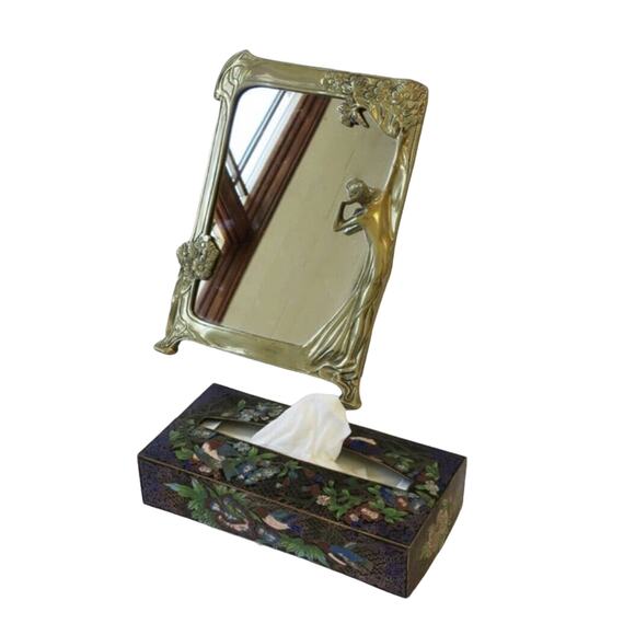 Solid Brass Art Nouveau Vanity Mirror 3D Lady In Gown Dresser Table Decor Vtg - Picture 6 of 12